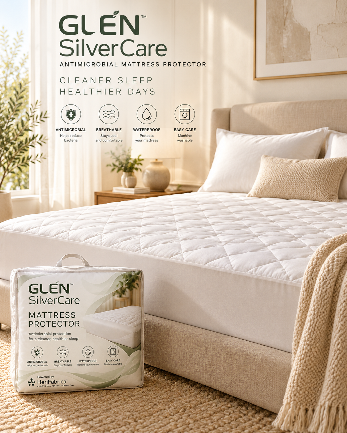 GLEN SilverCare antimicrobial mattress protector in warm ivory