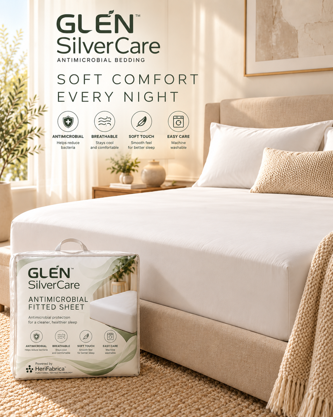 GLEN SilverCare antimicrobial fitted sheet in warm ivory